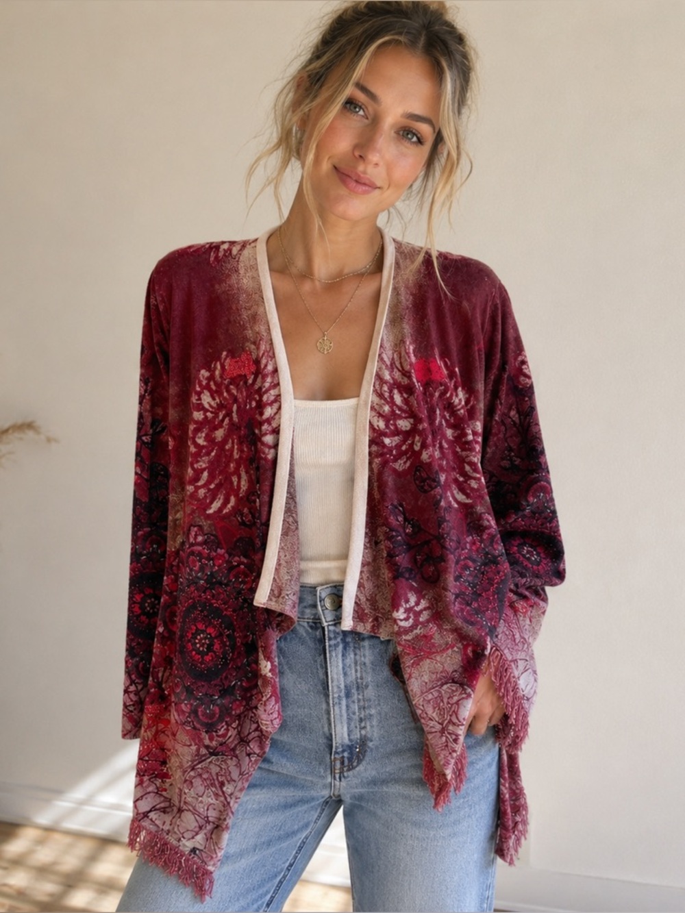 Desigual Cardigan Sweater Womens Small Red Fringe Sequins Open Front Cotton Boho